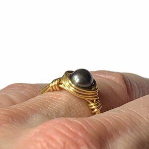 Handcrafted Wire-Wrapped Black Pearl Ring In Gold-Tone Copper Wire Size 7.5